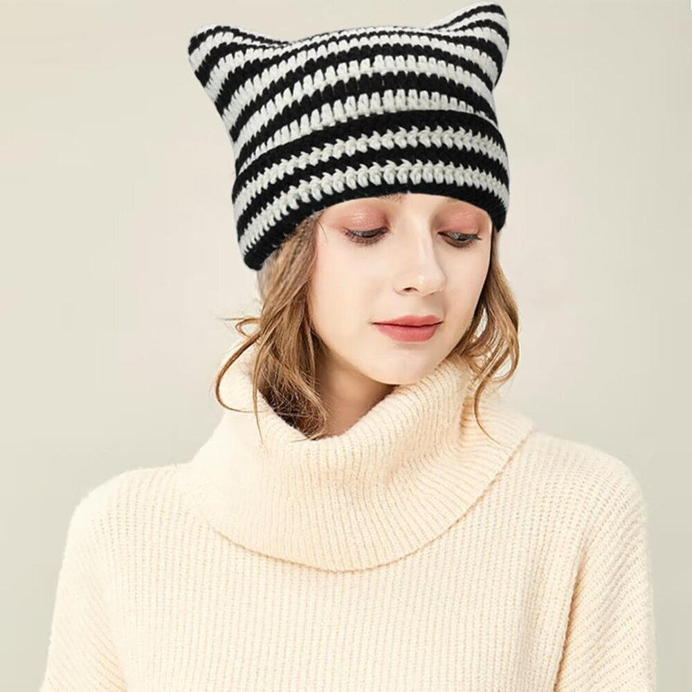 Crochet Cat Ear Beanie Womens Winter Knit Slouchy Hat Gift - Picture 2 of 7
